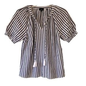 Talbots Cotton V-neck Striped Puff Sleeve Popover Blouse Sz Small Petite